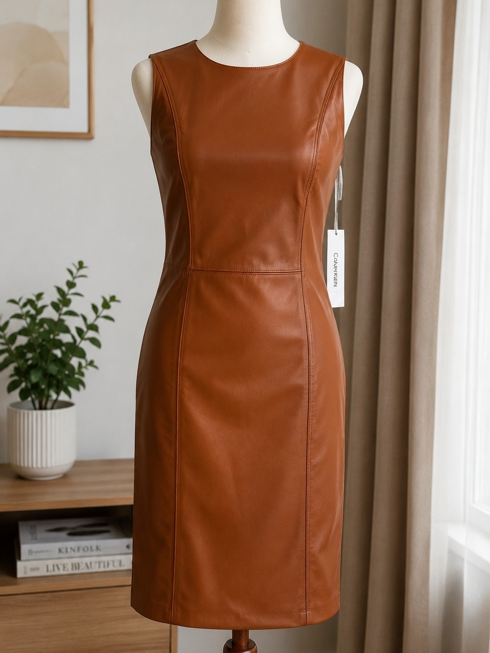 Calvin Klein Sleeveless Faux Leather Midi Dress in Cognac Brown